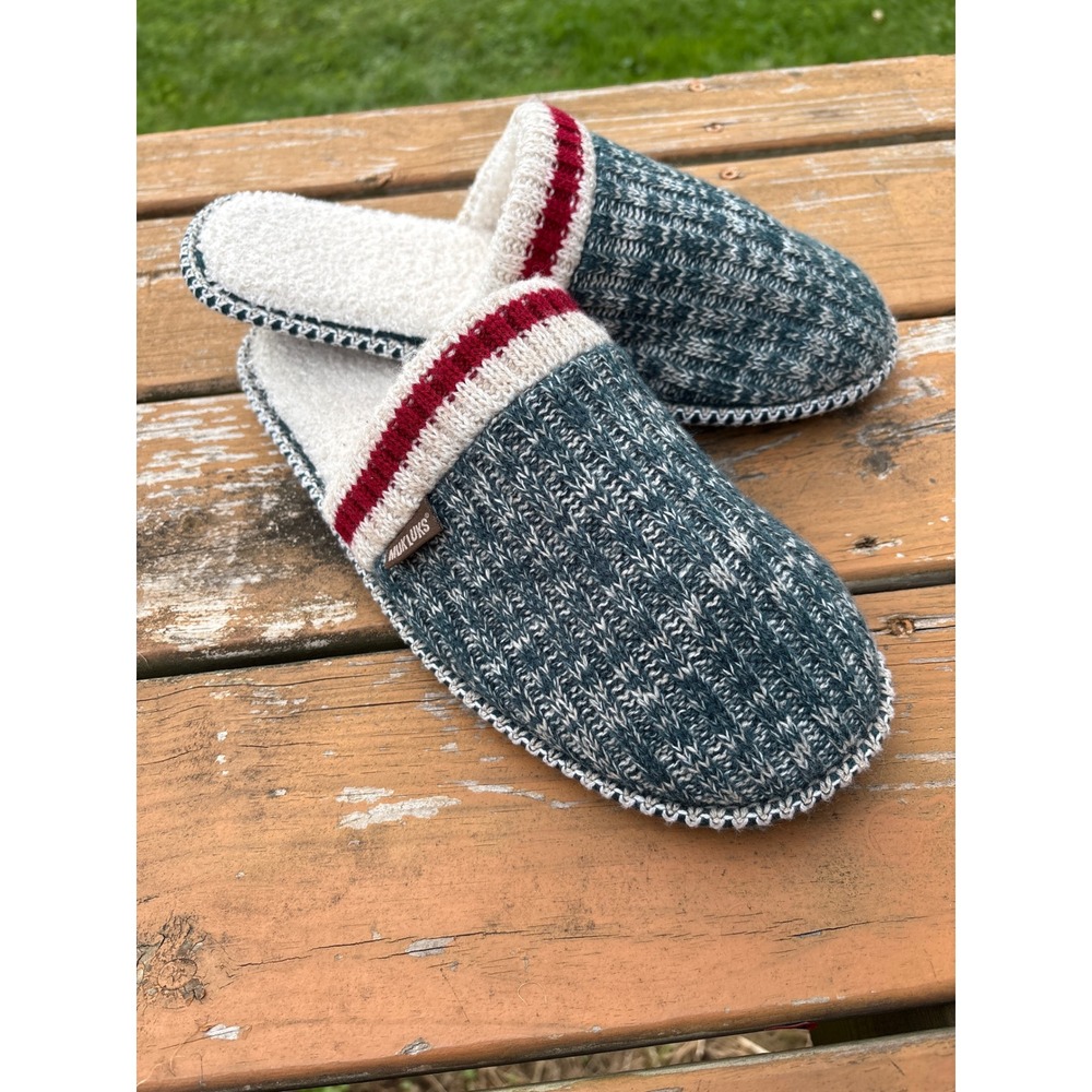 Muk Luks Mens Cozy Knit Scuff Slippers Green White Red Large 12-13 WPL6134